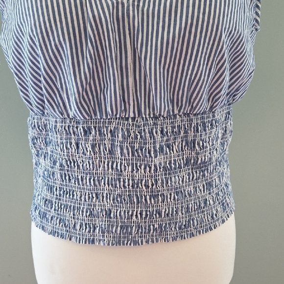 Old Navy Fitted Blue and White Striped Smocked Tie Shoulder Blouse Size Large - Picture 7 of 11